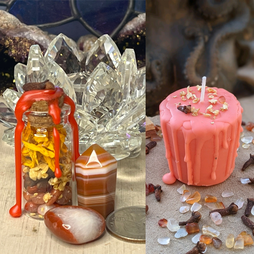 November Subscription Box with Candle, Carnelian Mini Tower and Spell Bottle