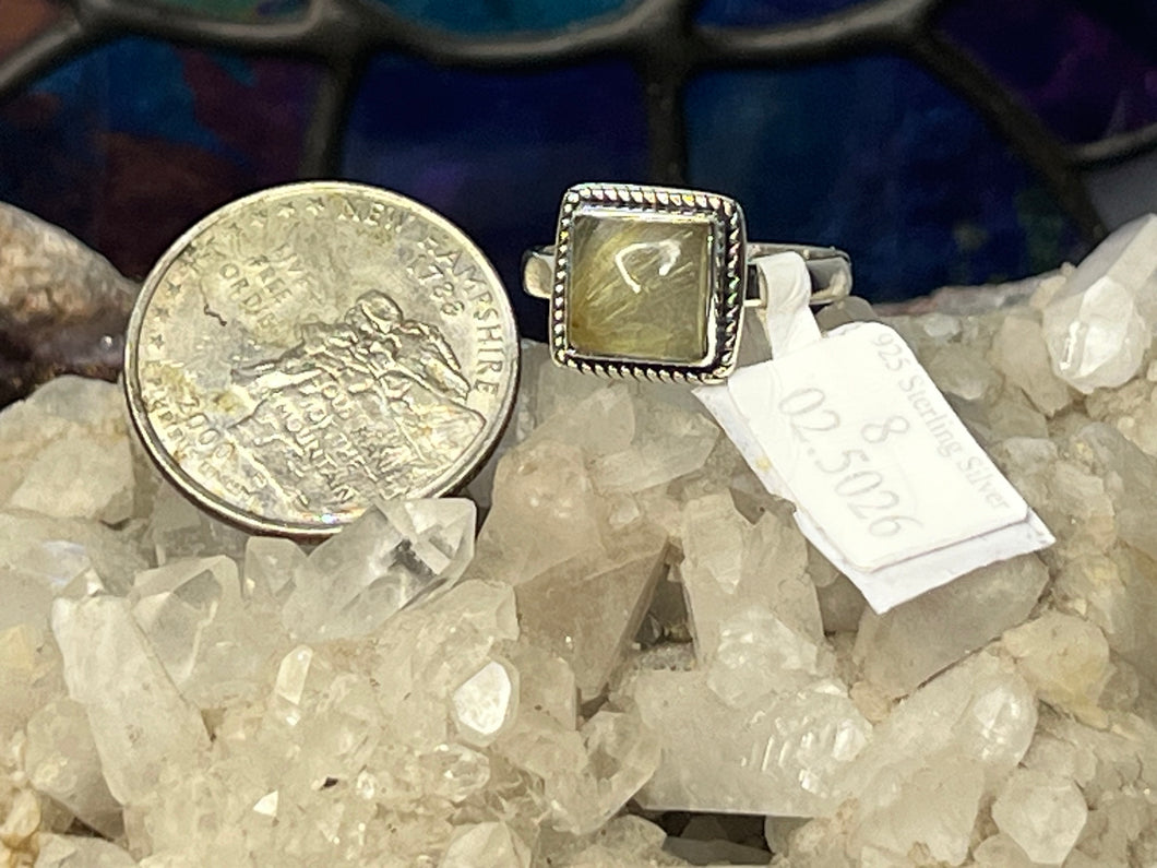 #3695 Size 8 Golden Rutile Square Sterling Silver Ring