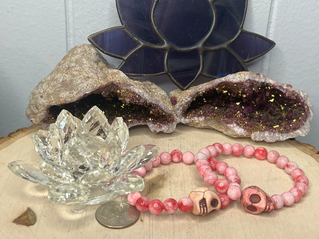 Dyed Pink Agate with Skull Bead Bracelet