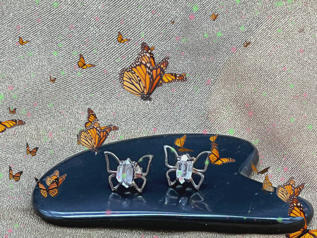 Herkimer Diamond Quartz Butterfly  Sterling Silver Earrings