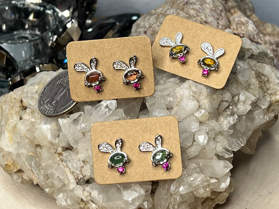 Multicolored Tourmaline Rabbit Silver Plated Earrings