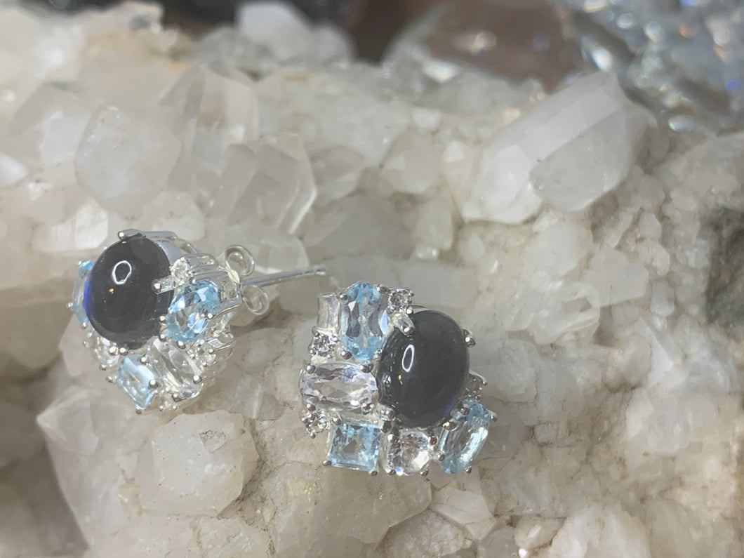 Herkimer Diamond Quartz Earrings with Labradorite and Blue Topaz
